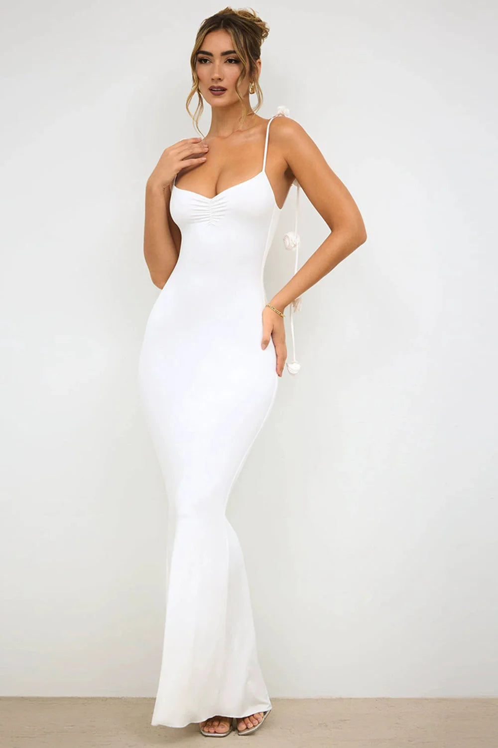 White Mermaid Spaghetti Straps Backless Formal Dress